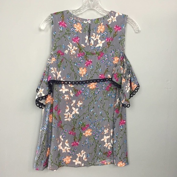 doe & Rae Cold Shoulder Flounce Navy Blue Striped Floral Top Women’s Size S - Picture 7 of 12
